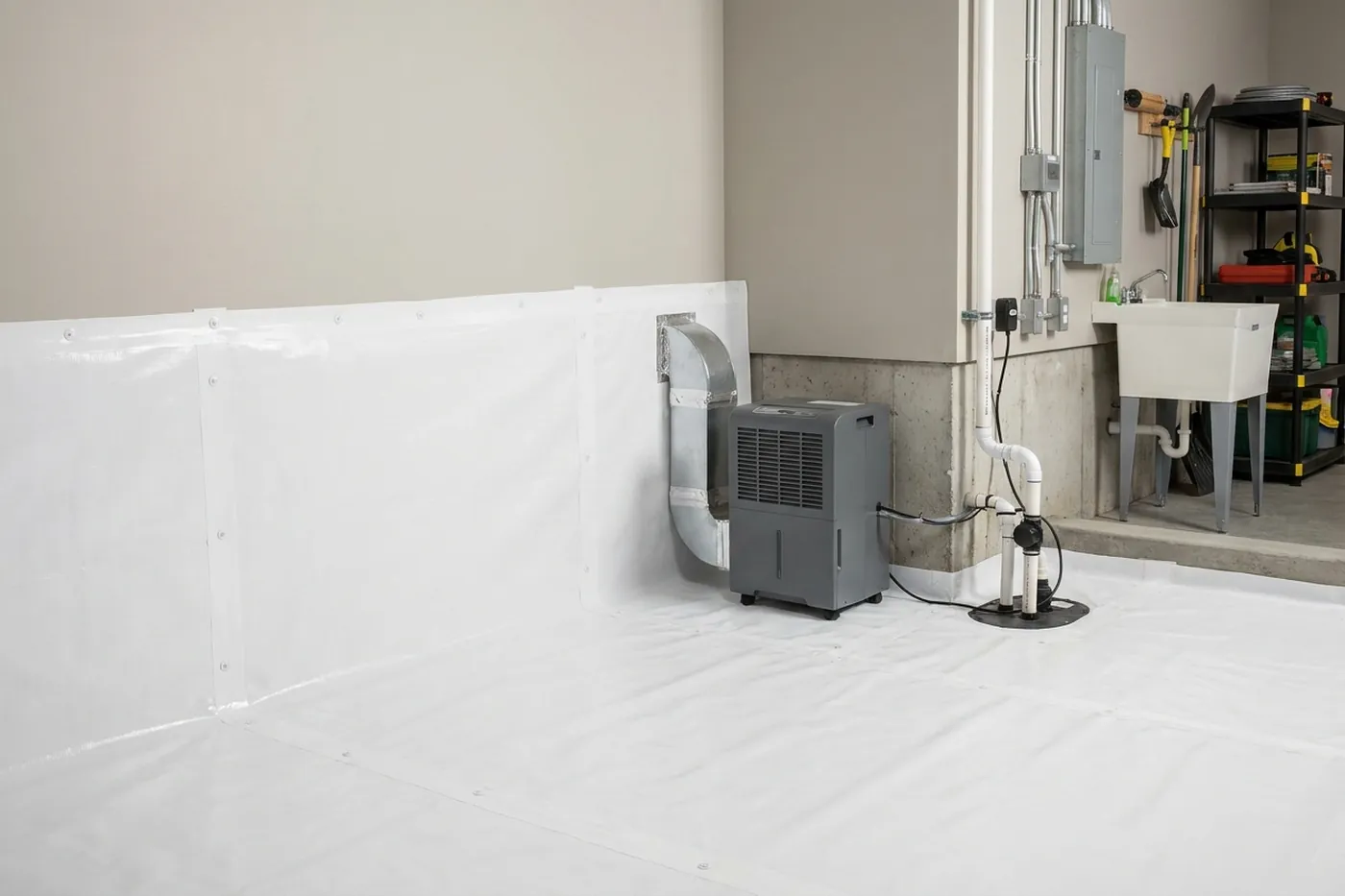 Closed crawl space with sealed white liner and dehumidifier under a Concord home